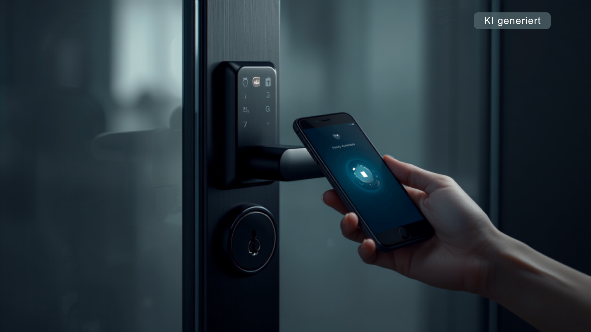 Smartphone steuert einen elektronischen Schließzylinder an einer Tür in einem gewerblich genutzten Gebäude.